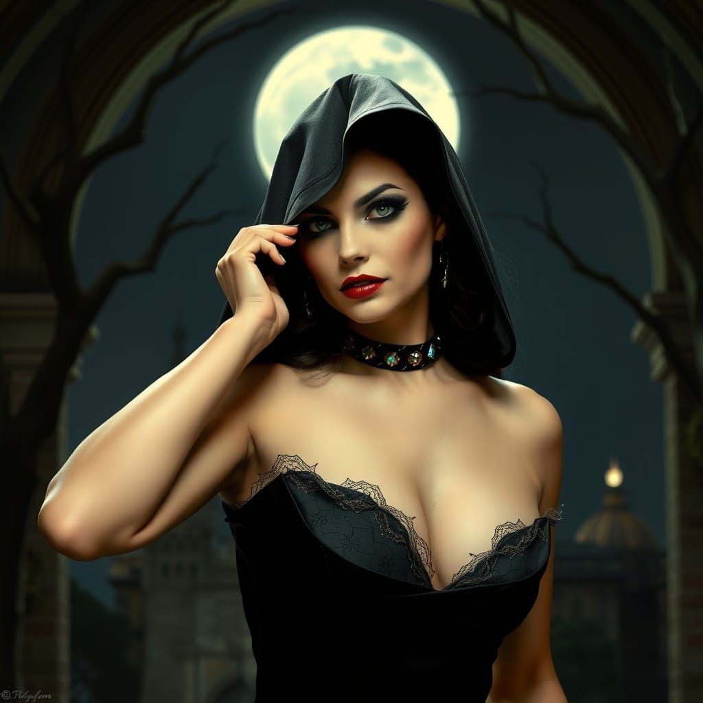 Vampiress in Elegant Black Cravat and Velvet Cape with Vampi...