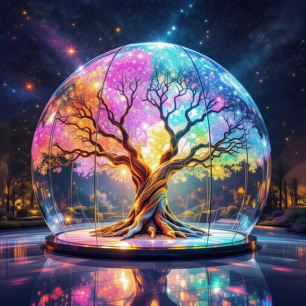 Translucent Glass Bao Bab Tree in Cosmic Illustration