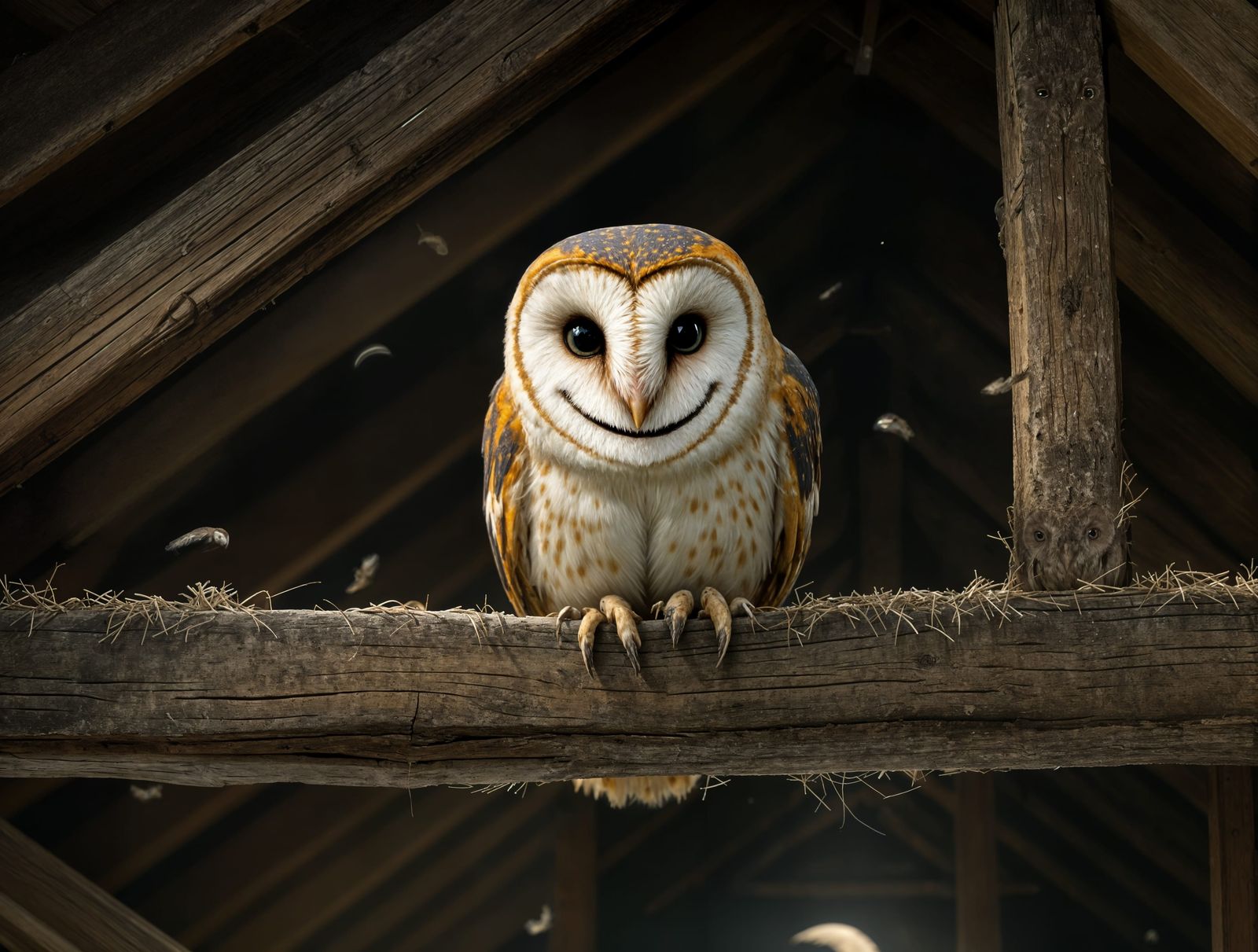 Whimsical Barn Owl Portrait in Rustic Barn Loft