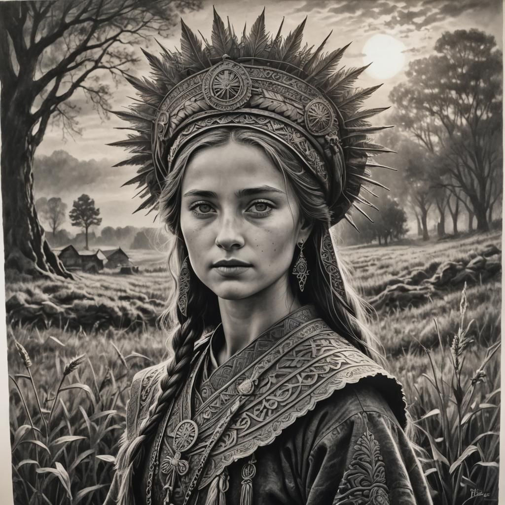 Hyperdetailed Charcoal Drawing: Ukrainian Woman Like the Sun
