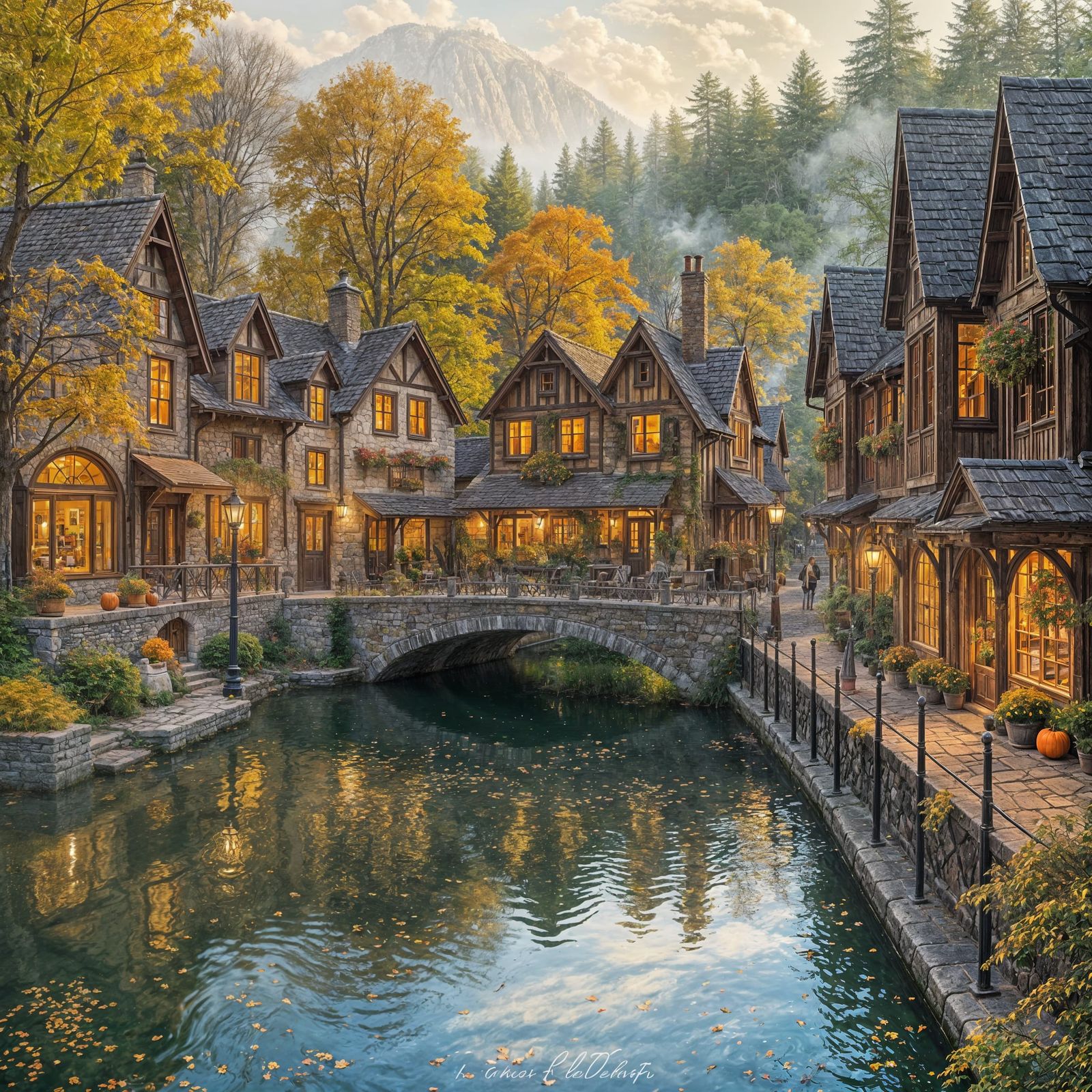Charming Autumn River Town with Cozy Cottages