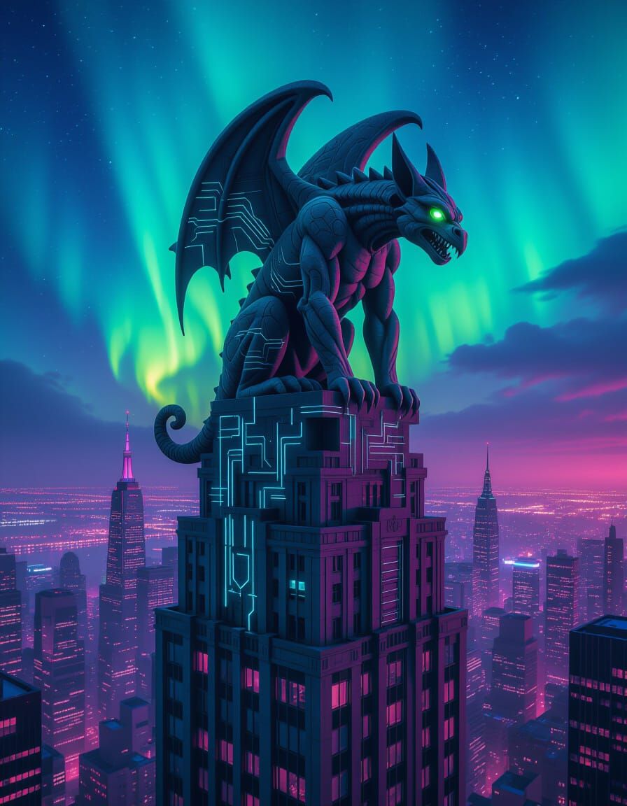 Ancient Gargoyle on Skyscraper in Psychedelic City