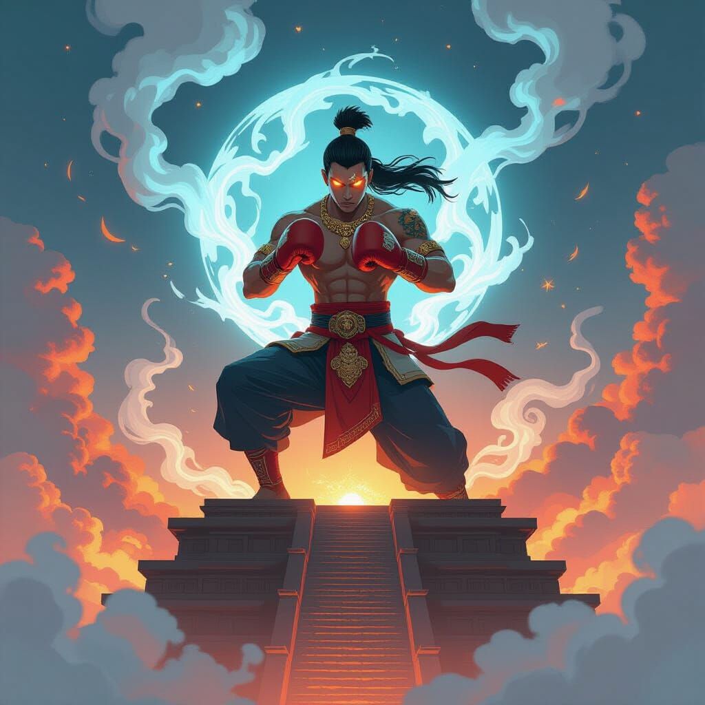 Muay Thai Warrior on Ziggurat in Anime Style