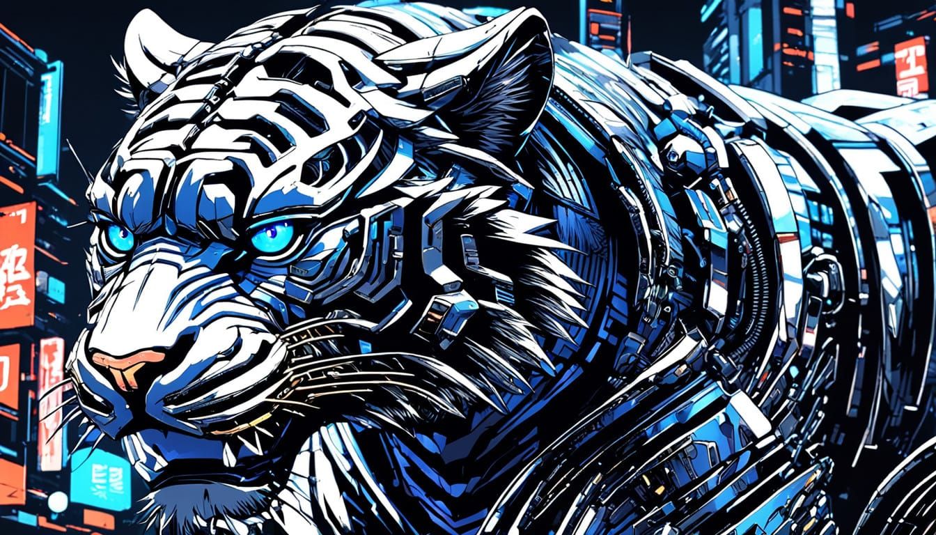 Cyber Tiger Emerges from Neon City Shadows