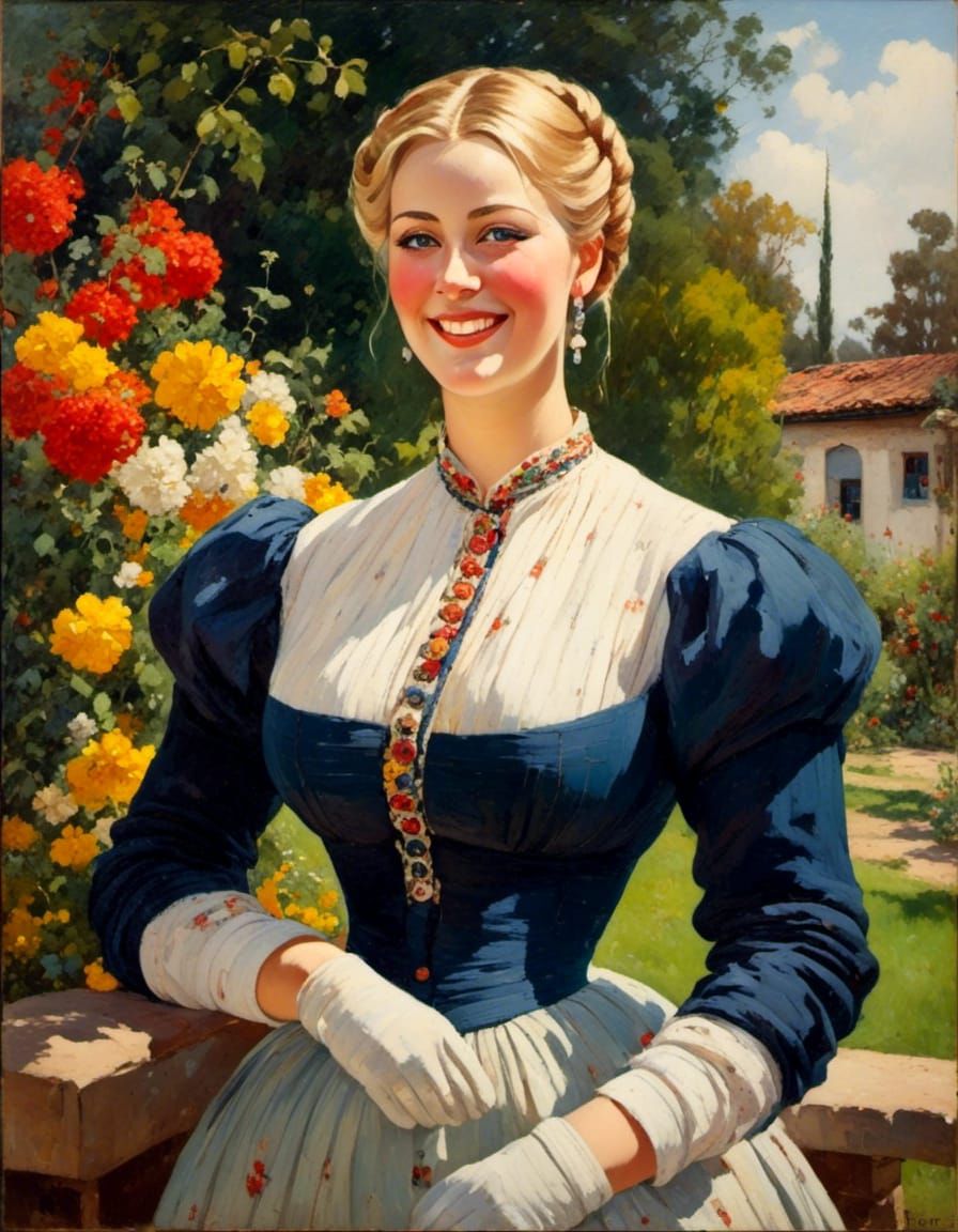 Elegant Blond Woman in Garden, Oil-Gouache Portrait