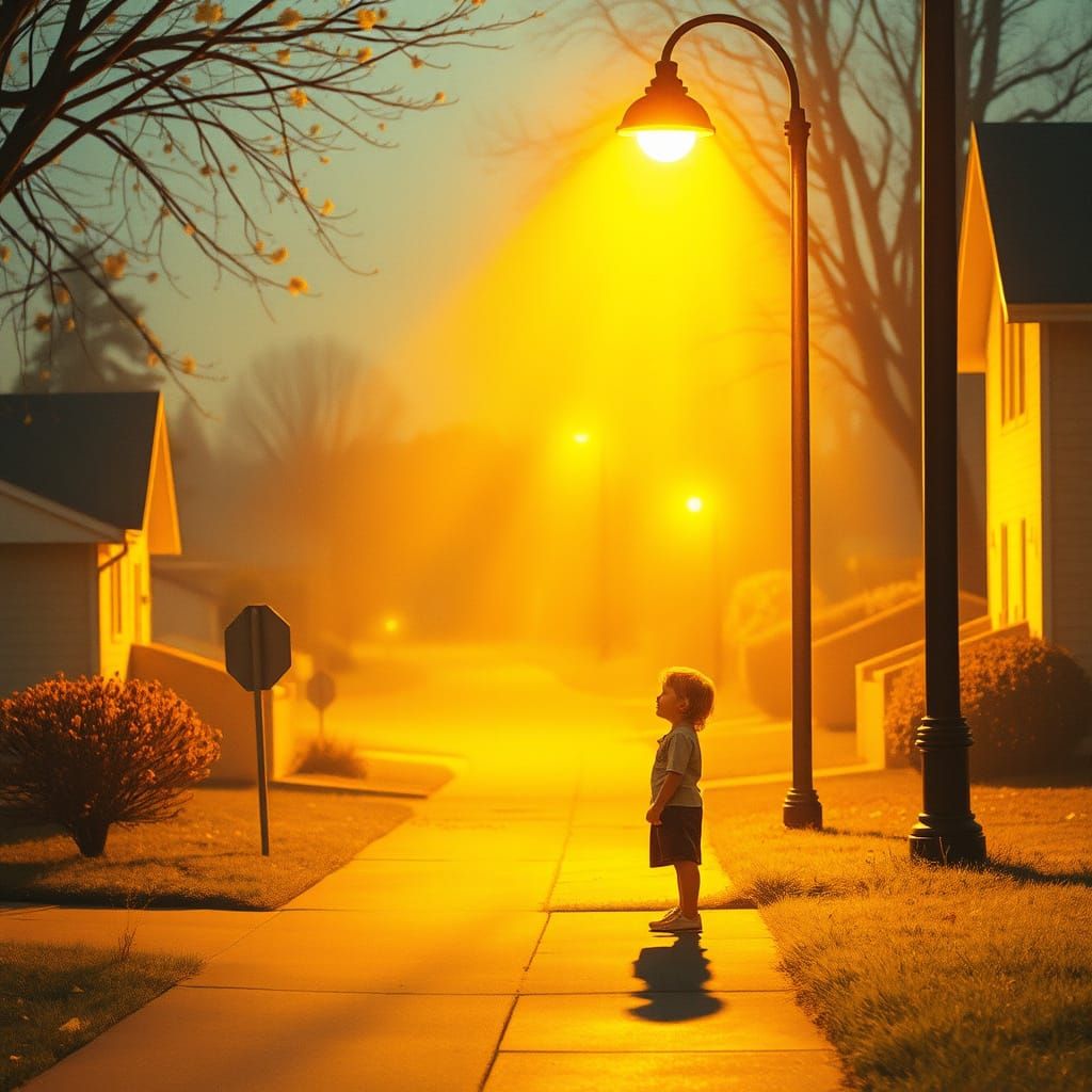 Child Under Streetlight in Nostalgic Watercolor Style