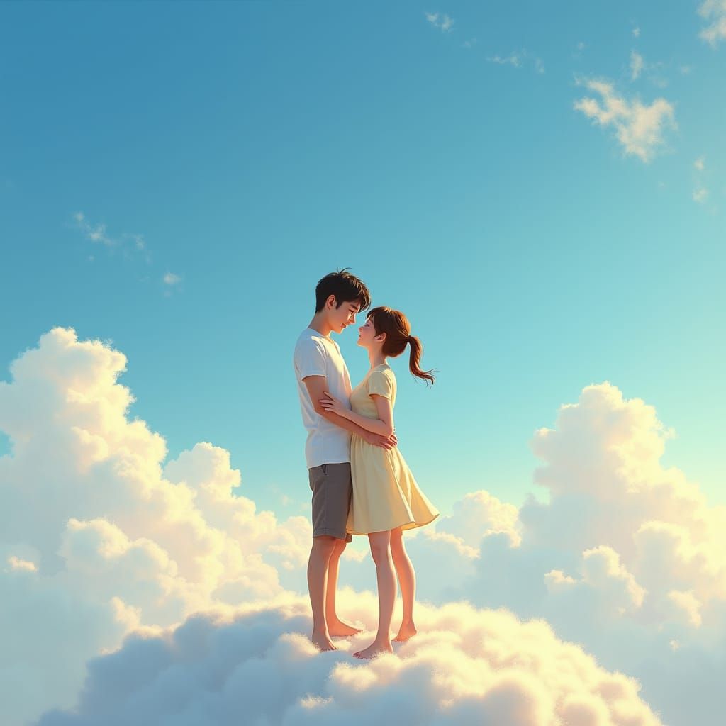Romantic Couple Embracing in Ethereal Sky