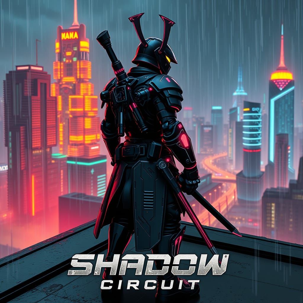 Cybernetic Samurai in Neon Cityscape