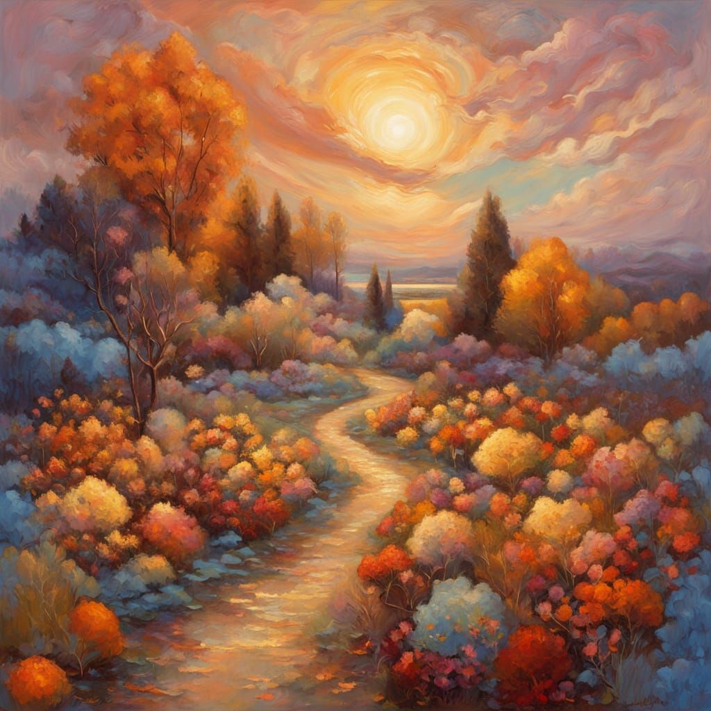 Surreal Vegetable Garden Oil Painting With Swirling Clouds