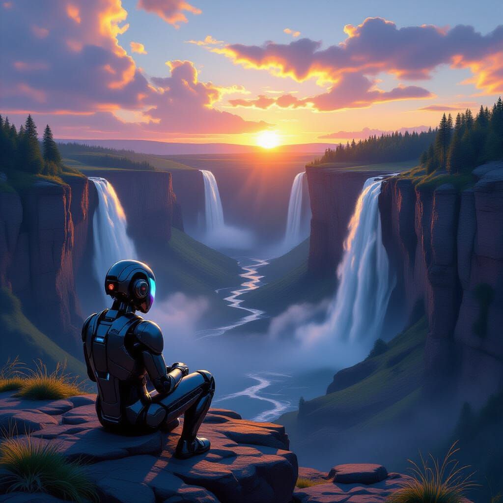 Robotic Figure Beside Waterfall in Sunset Valley