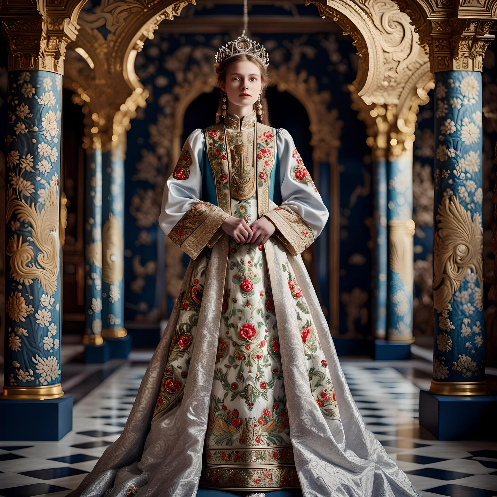 Elegant Russian Princess in Silver Brocade Sarafan
