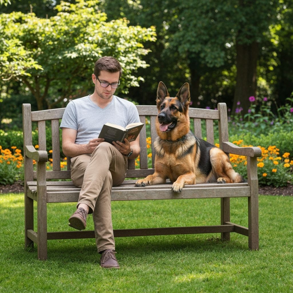 Man and German Shepherd Reading in Park