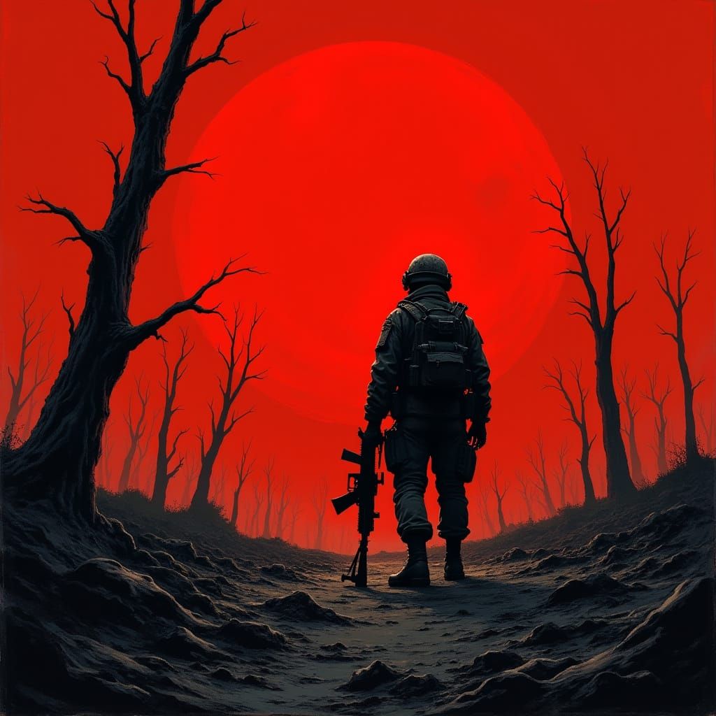 Lone Soldier in Apocalyptic Landscape