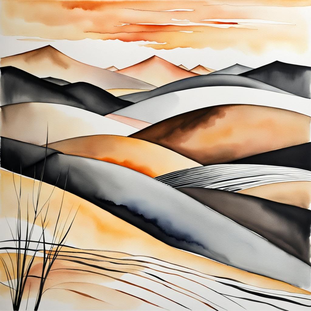 Abstract watercolour painting with thin white and black line...