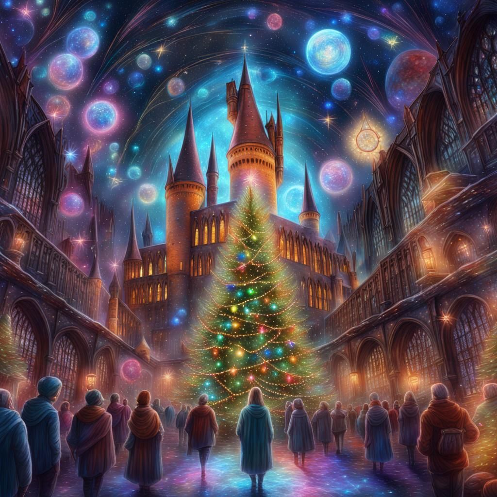 Christmas at Hogwarts: Cosmic Holographic Illustration