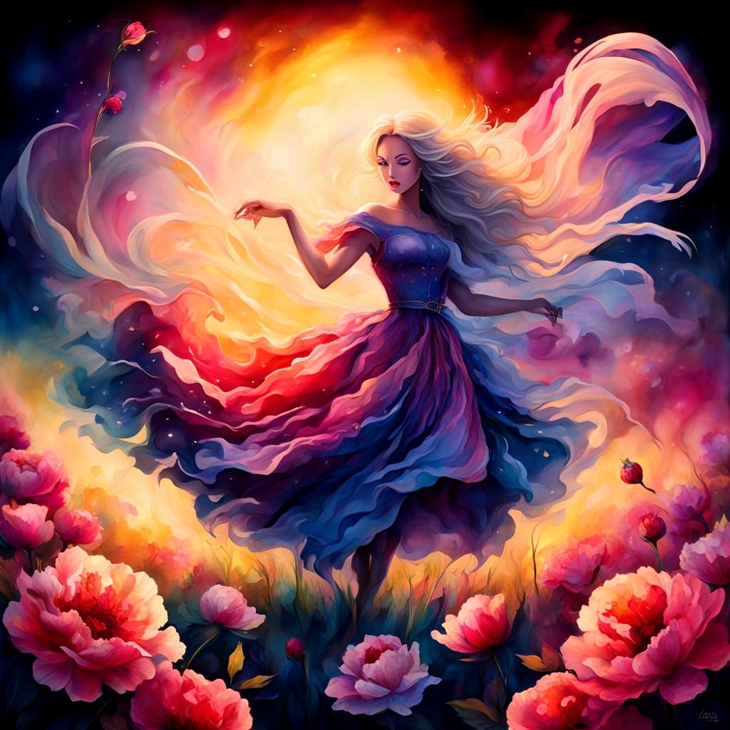 Floral Meadow at Golden Hour in Alcohol Ink Style