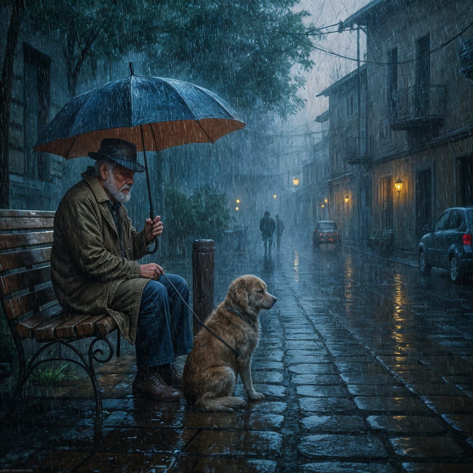 Elderly Man Shelters Dog in Rainy Town Square