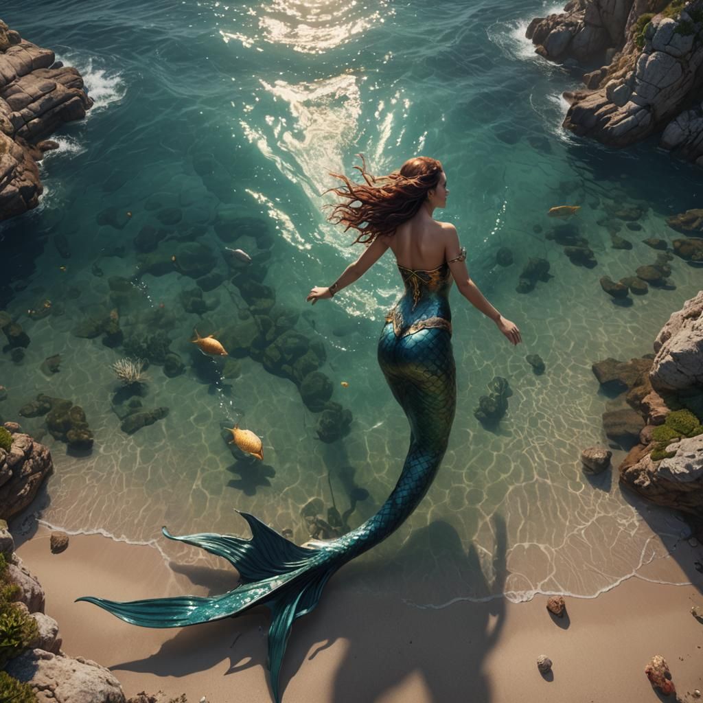 Mermaid Swimming Near Sardinian Beach in Detailed Digital Ar...