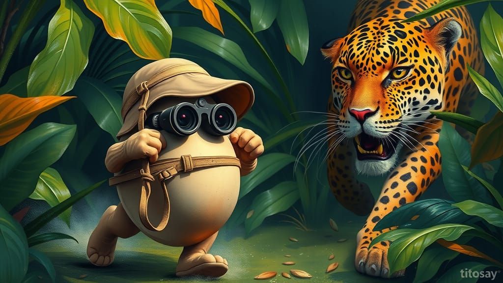 Egg in Pith Helmet Fleeing Jaguar in Vibrant Jungle