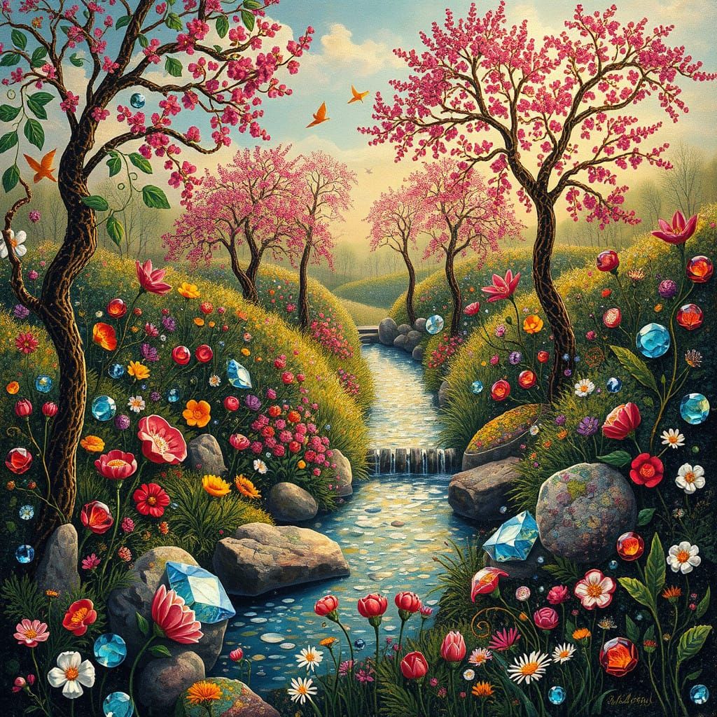 Ethereal Bhil Art of Steampunk Gemstone Landscape