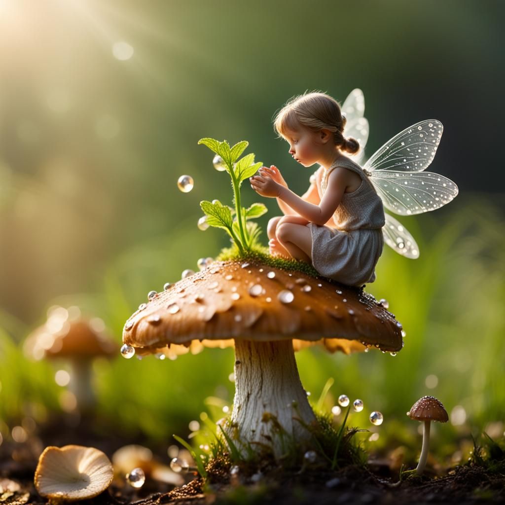 Macro Photo of a Tiny Fairy on Mushroom