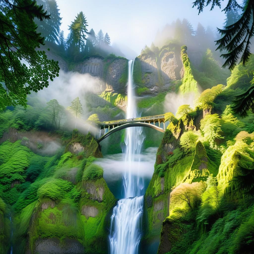 Misty Oregon Waterfalls in Sunlight: A Bierstadt-Inspired La...