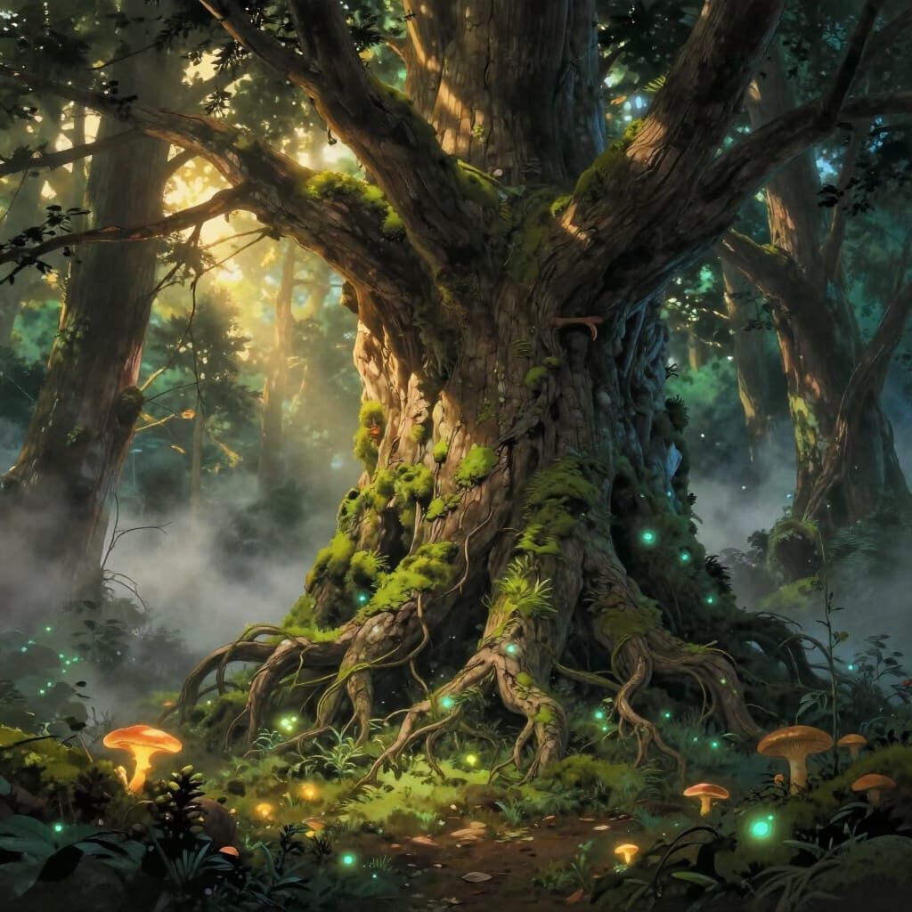 Ancient Tree Spirit Guarding Hidden Grove in Ghibli Style