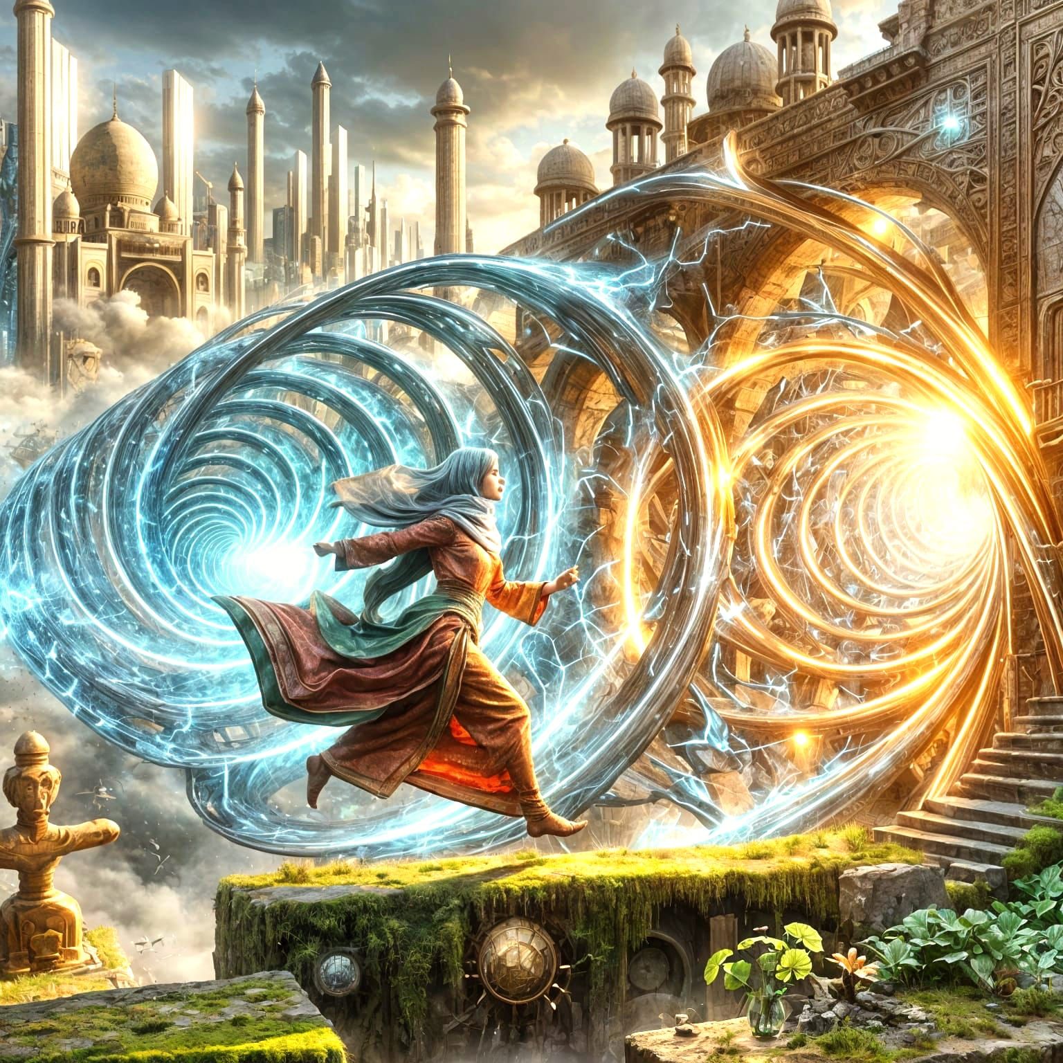 Architect Leaping Through Time Rift as Oil Painting