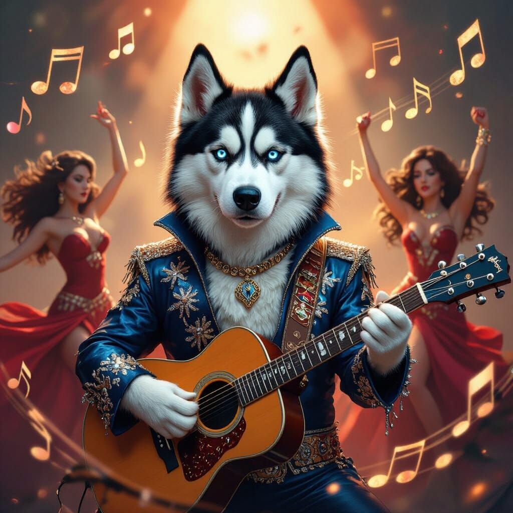 Husky Elvis in Dark Surrealist Dreamscape