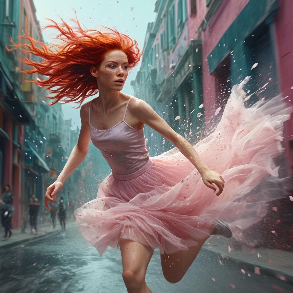 Red-Haired Woman in Pink Tulle: Hyperrealistic Action Shot