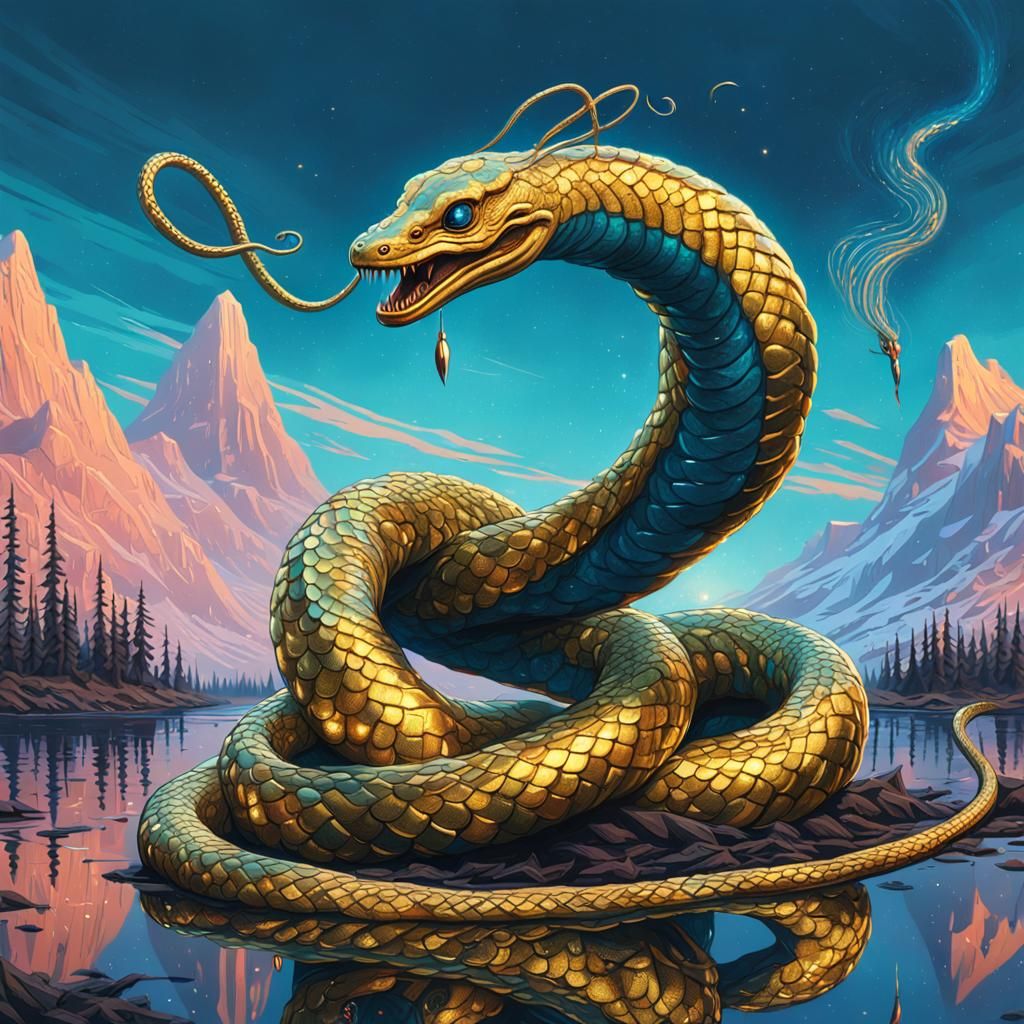 Gilded Serpent in Flight: Fantasy Concept Art
