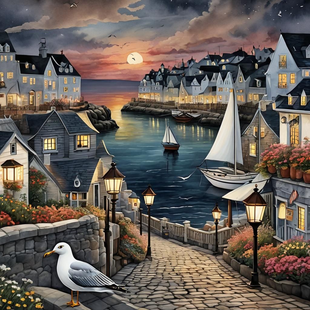 Vivid Sunset Over Oceanside Village in Watercolor