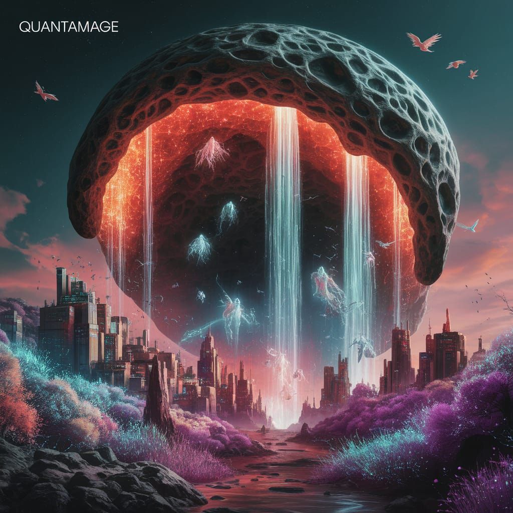 Surreal Bioluminescent City Inside Asteroid in Dreamlike Sty...