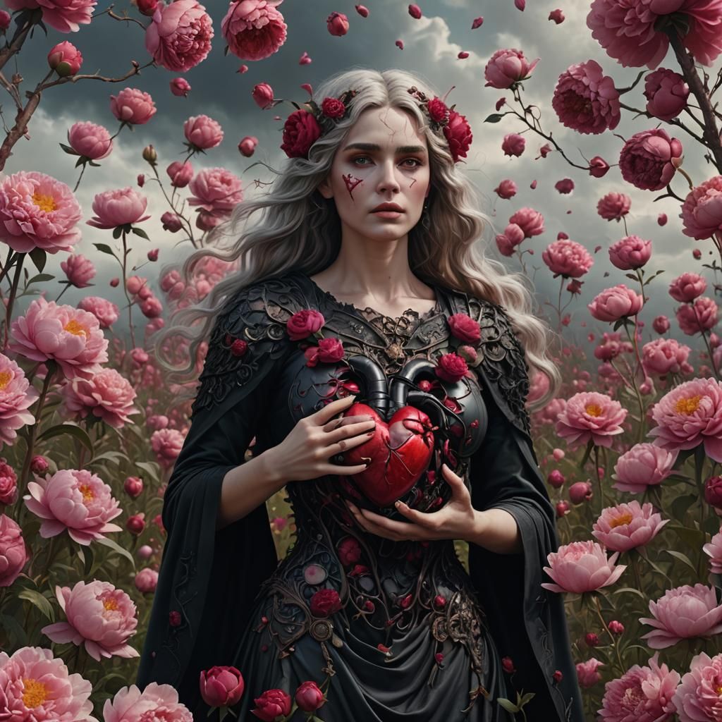 Gothic Aphrodite with Heart in Peony Field