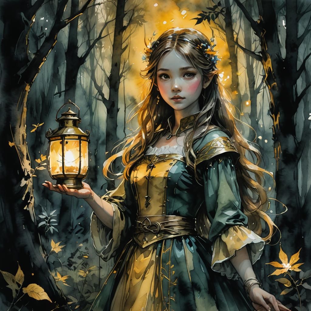 Girl with Lantern in Forest, Watercolor Sketch