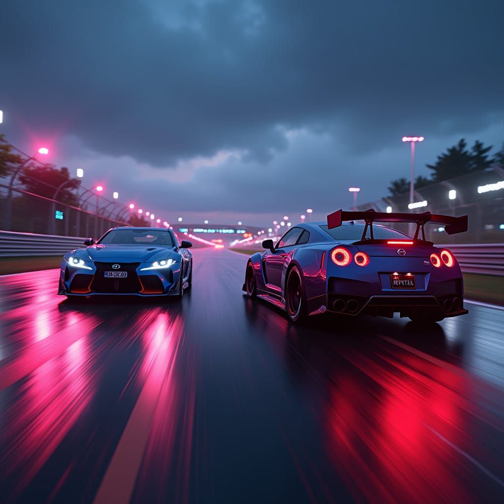 Nissan GTR R35 vs Toyota Supra MK4 on Le Mans Track at Night