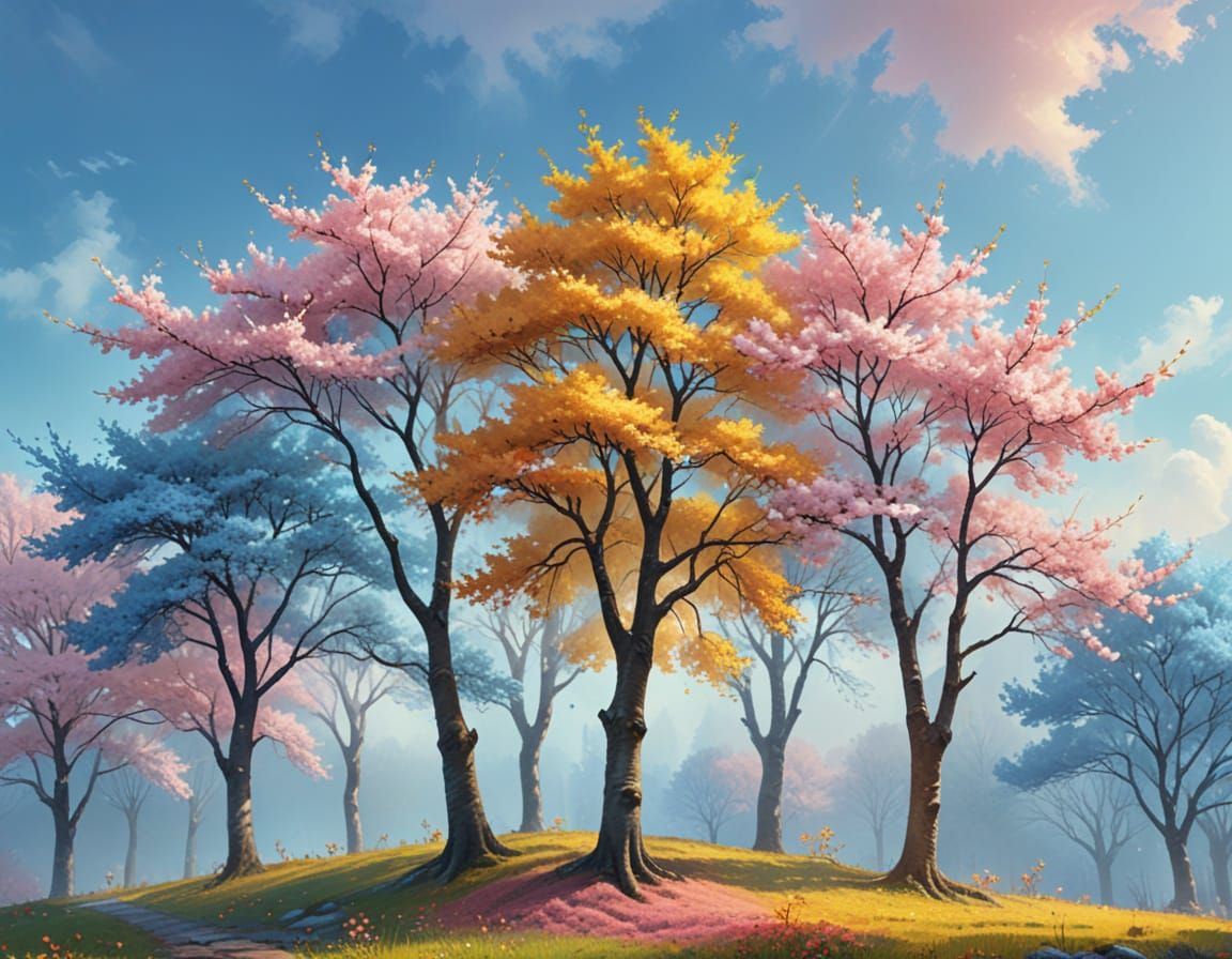Four Seasons Trees in Vibrant Digital Painting