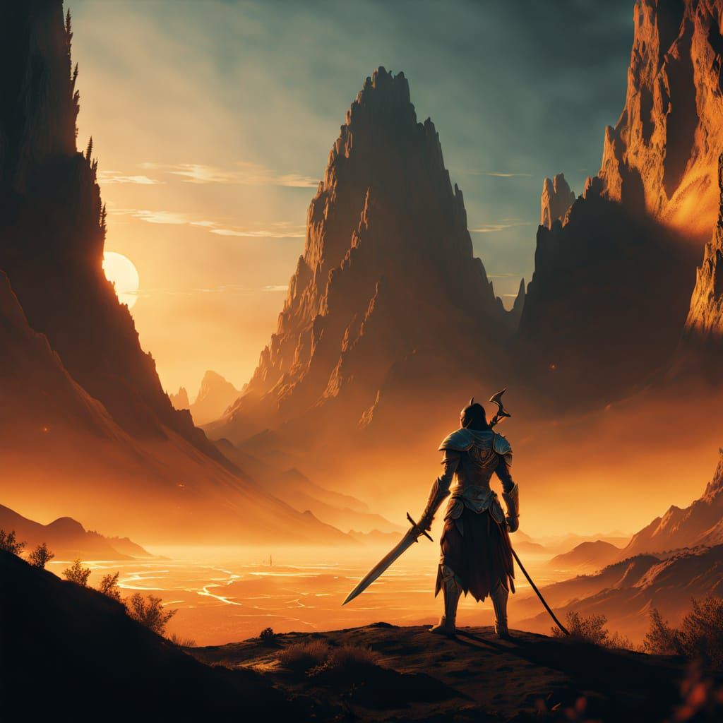 Ethereal Warrior Wields Glaive in Mystical Landscape