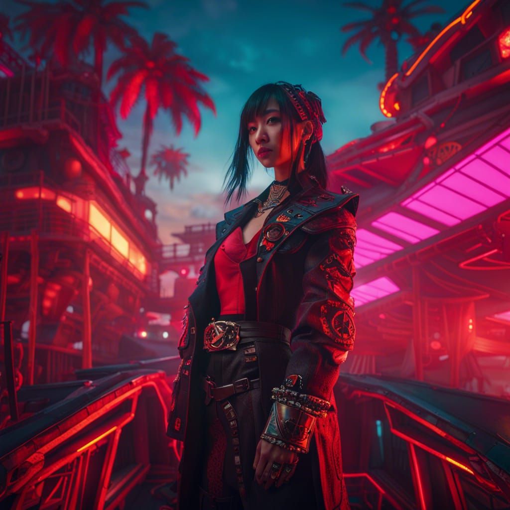 Cyberpunk Asian Pirate Girl on Ship at Sunset