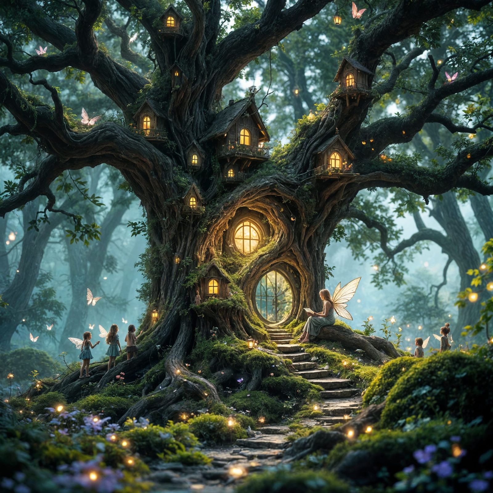 Fairy Village in an Enchanted Oak Tree - Whimsical Concept A...