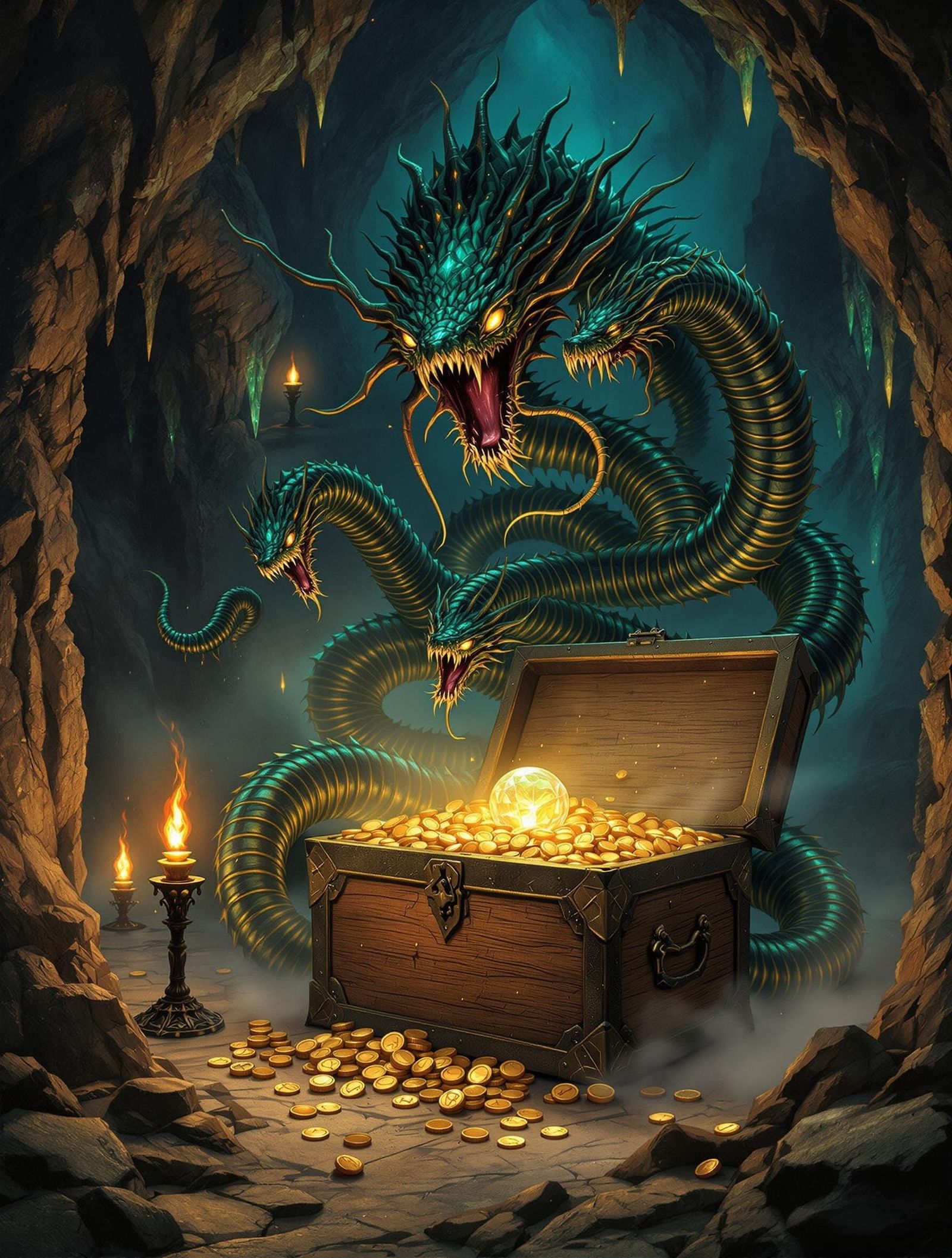 Multi-Headed Serpent Guarding Treasure in Biomechanical Styl...