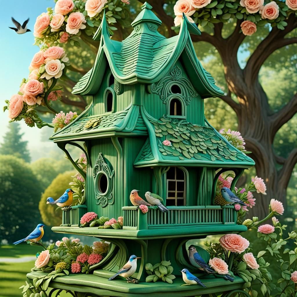 Art Nouveau Birdhouse in Ornate Garden