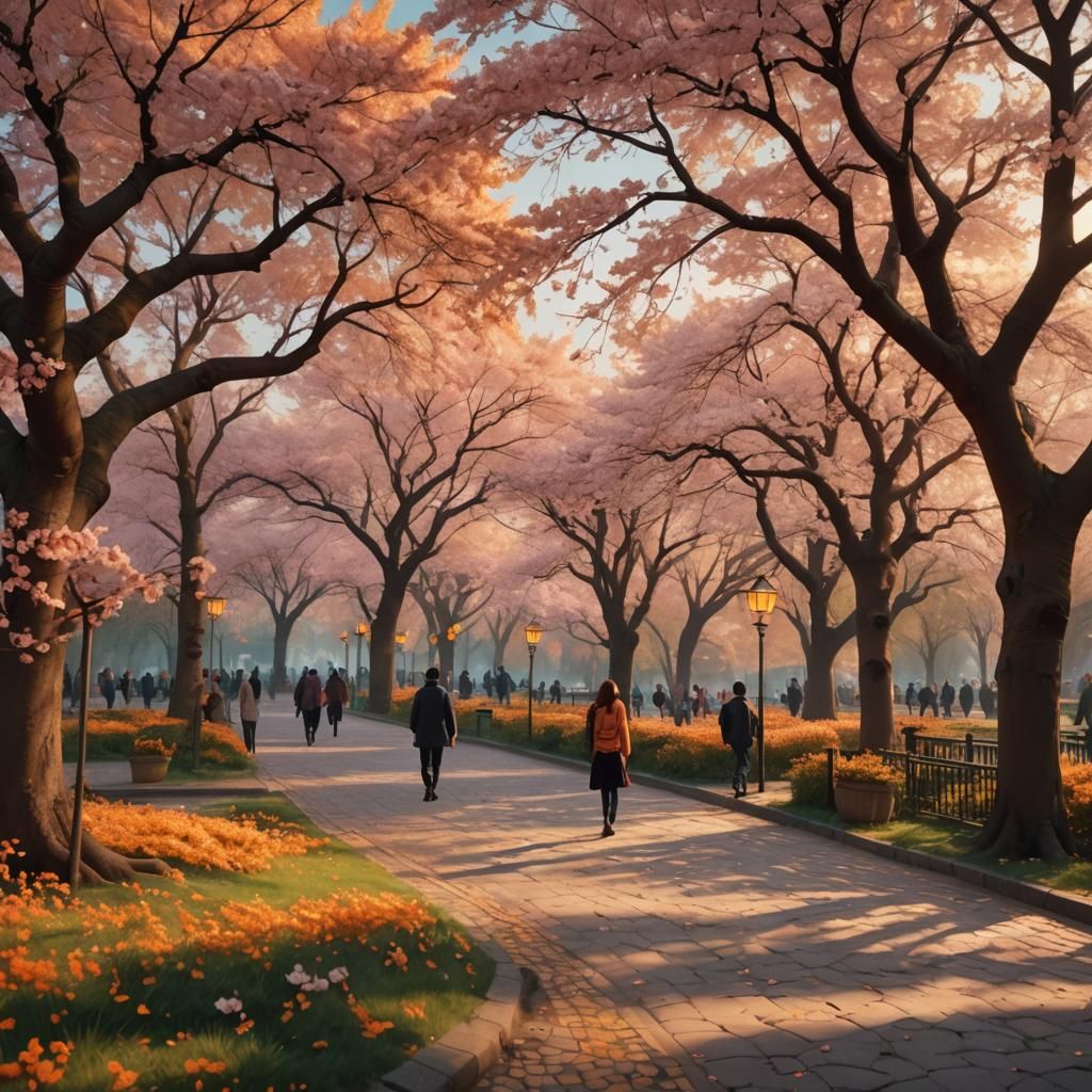 Serene Orange Cherry Blossom Park: Digital Matte Painting