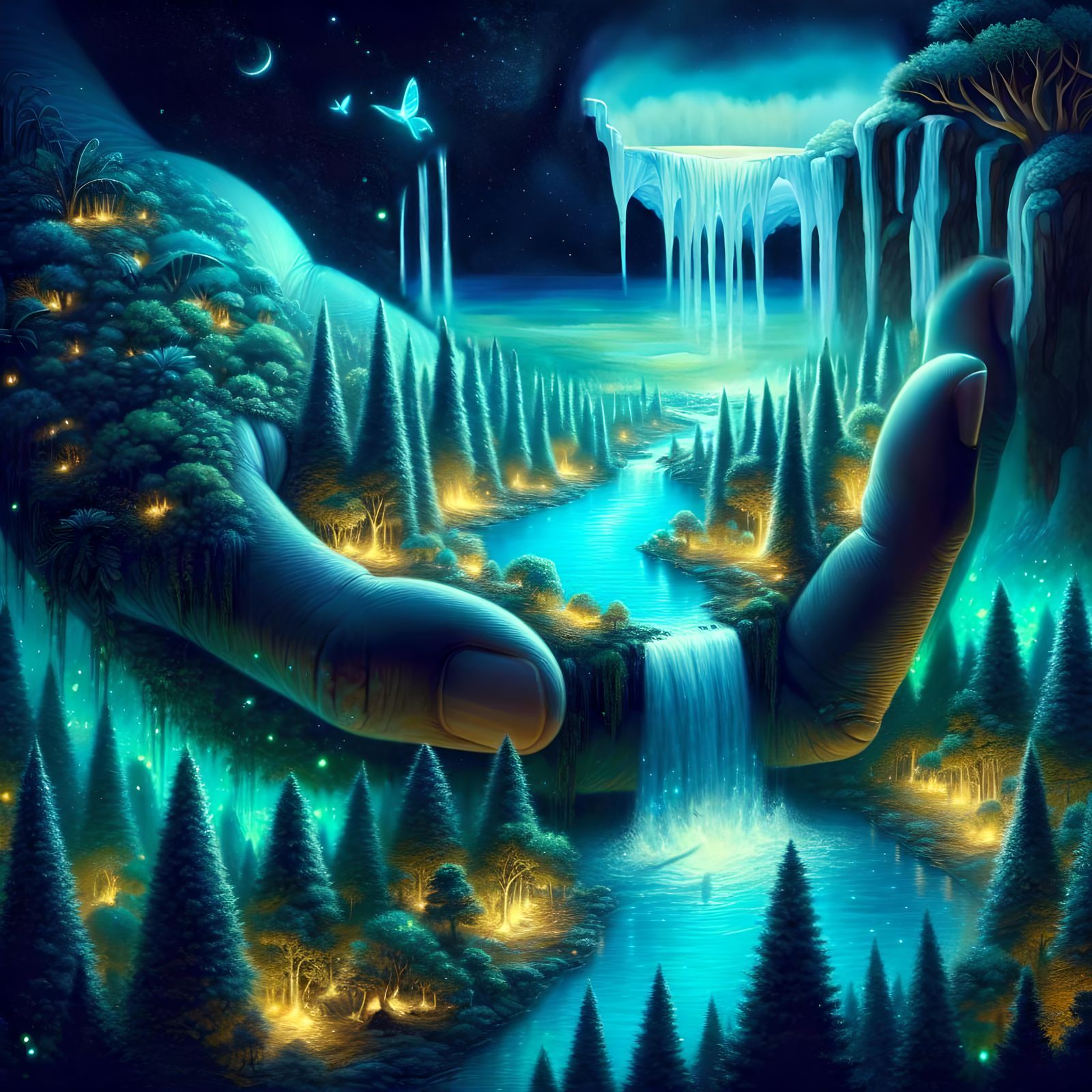 Luminous Waterfall in Giant Hand: Surreal Landscape