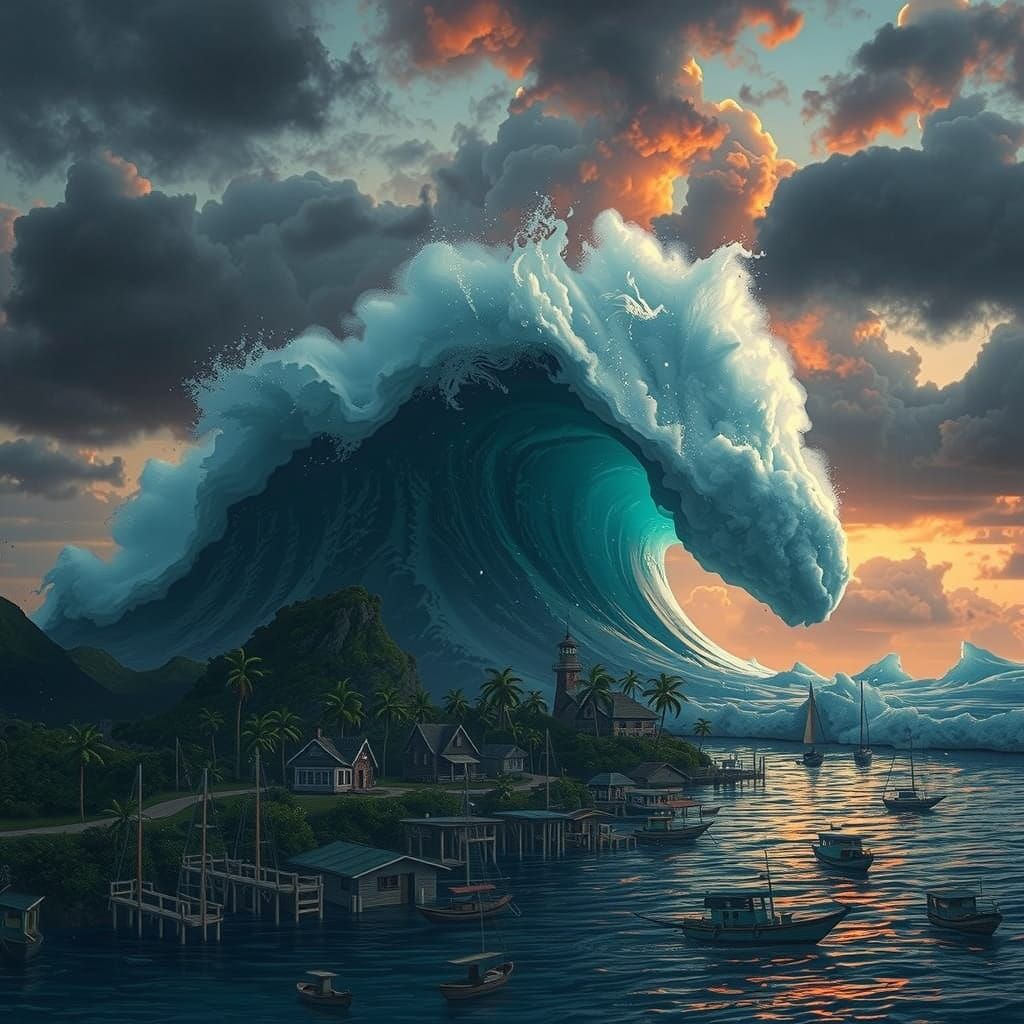 Towering Tsunami Wave over Tropical Village