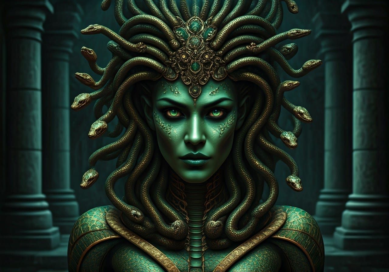 Medusa with Golden Tattoos in Ancient Temple