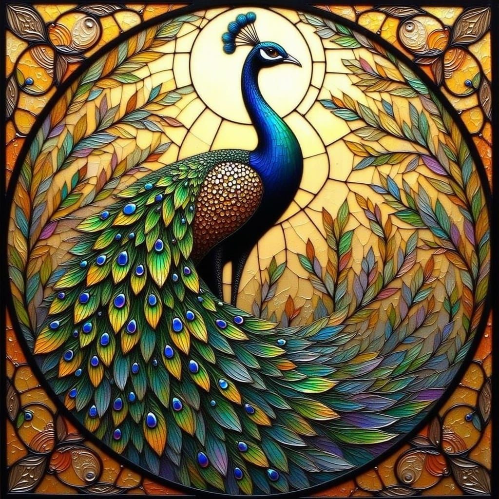 Ethereal Peacock in Stained Glass Splendor