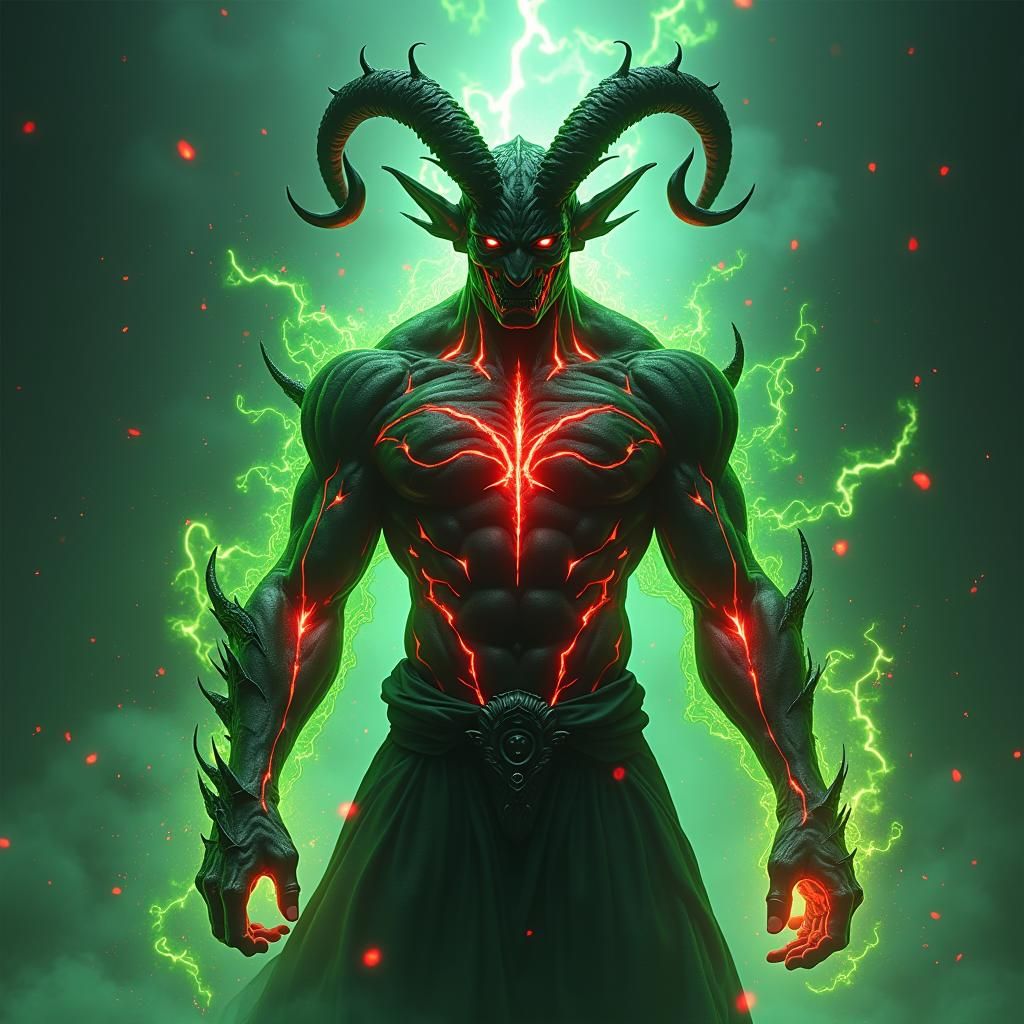 Demonic Figure in Digital Glyph Rain, Anime-Inspired 3D Art