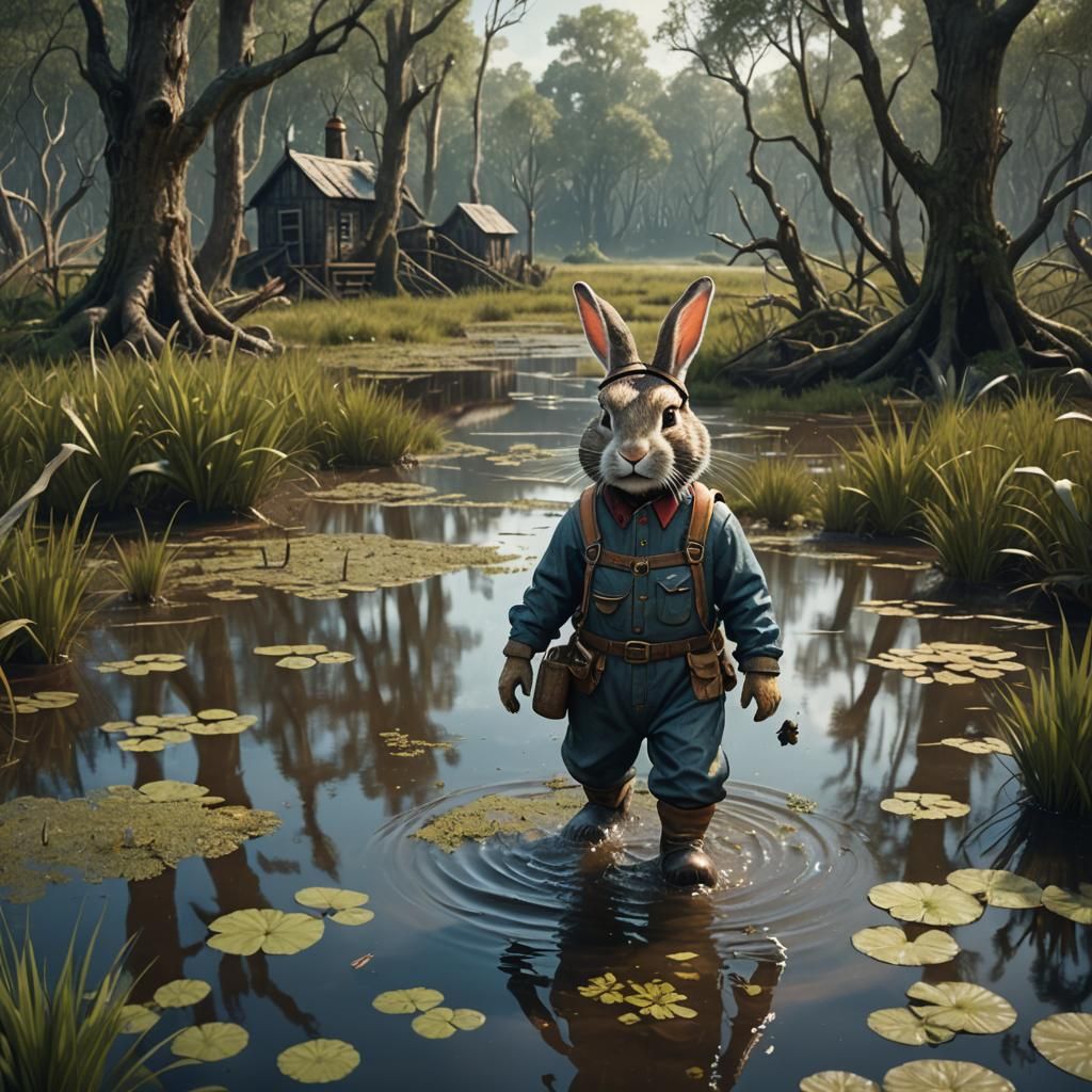Rabbit in Cossack Hat Wades Through Louisiana Swamp