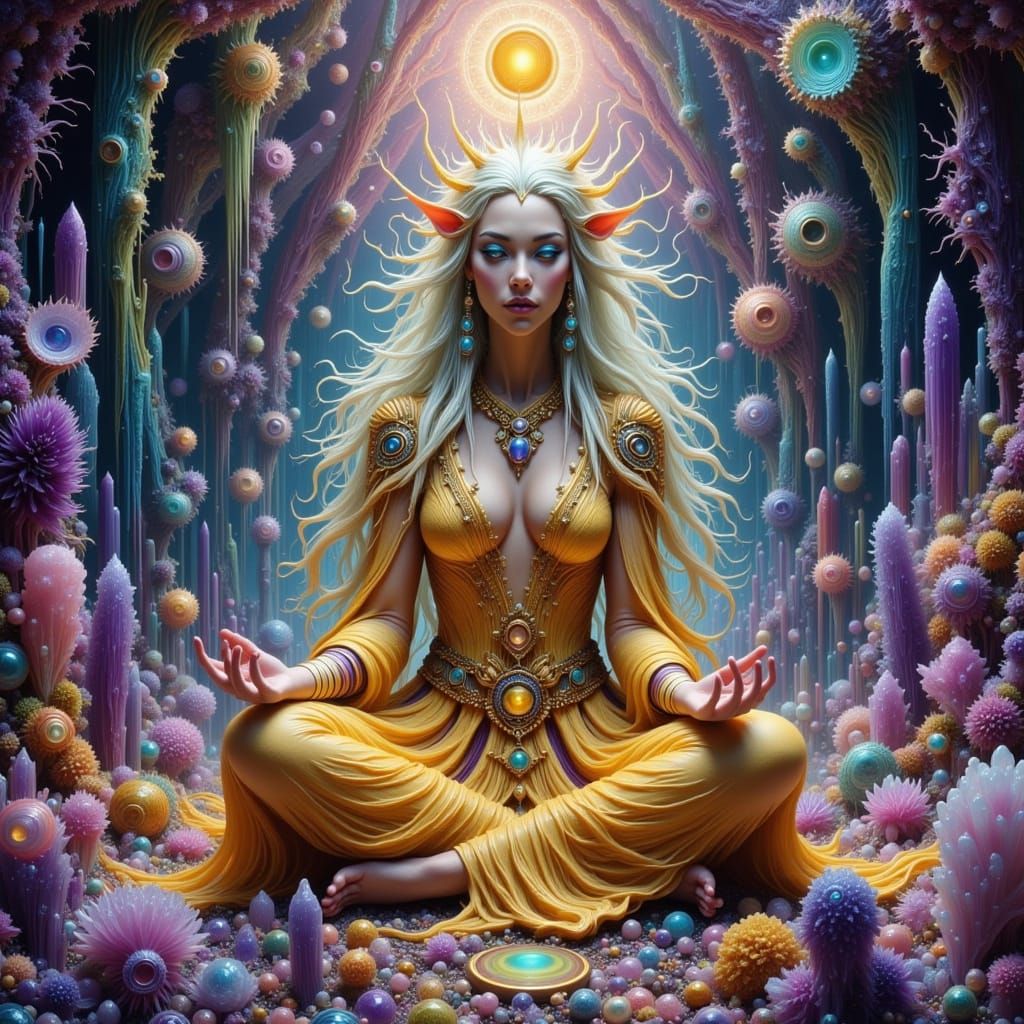 Elven Sorceress Meditating in Crystal Cavern, Encaustic Wax ...